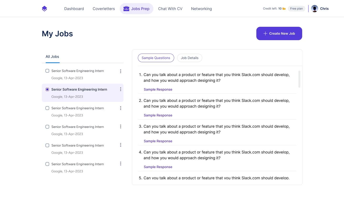 CoverAI interview preparation interface with role-specific practice questions